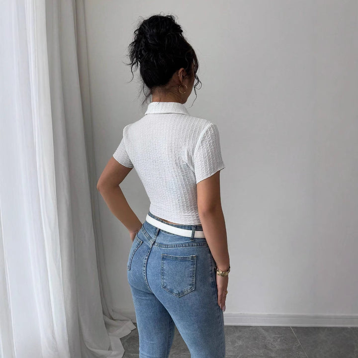 Damen nan taillierte bauchfreie Kurzbluse mit Kreppstruktur Hemdkragen und Knopfleiste Drune