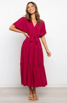 Damen Fließendes Maxi-Kleid mit Wickelbindung und Schmetterlingsärmeln Drune