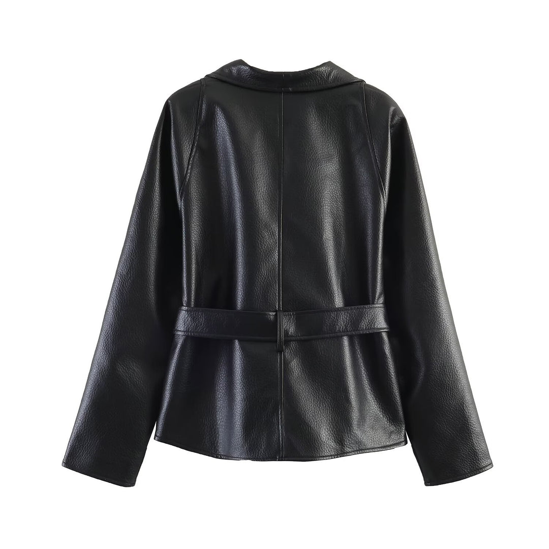 Damen Kurzjacke aus genarbtem Leder mit Schalkragen und Bindegürtel Drune