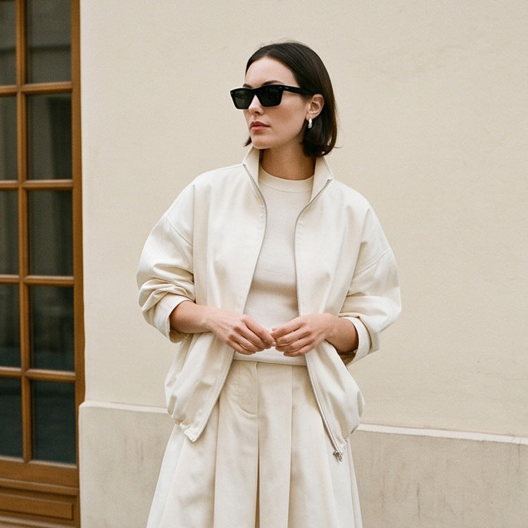 Damen Oversize Cropped-Blouson mit Tunnelzug und fließendem Maxi‑Rock mit Beinschlitz Drune