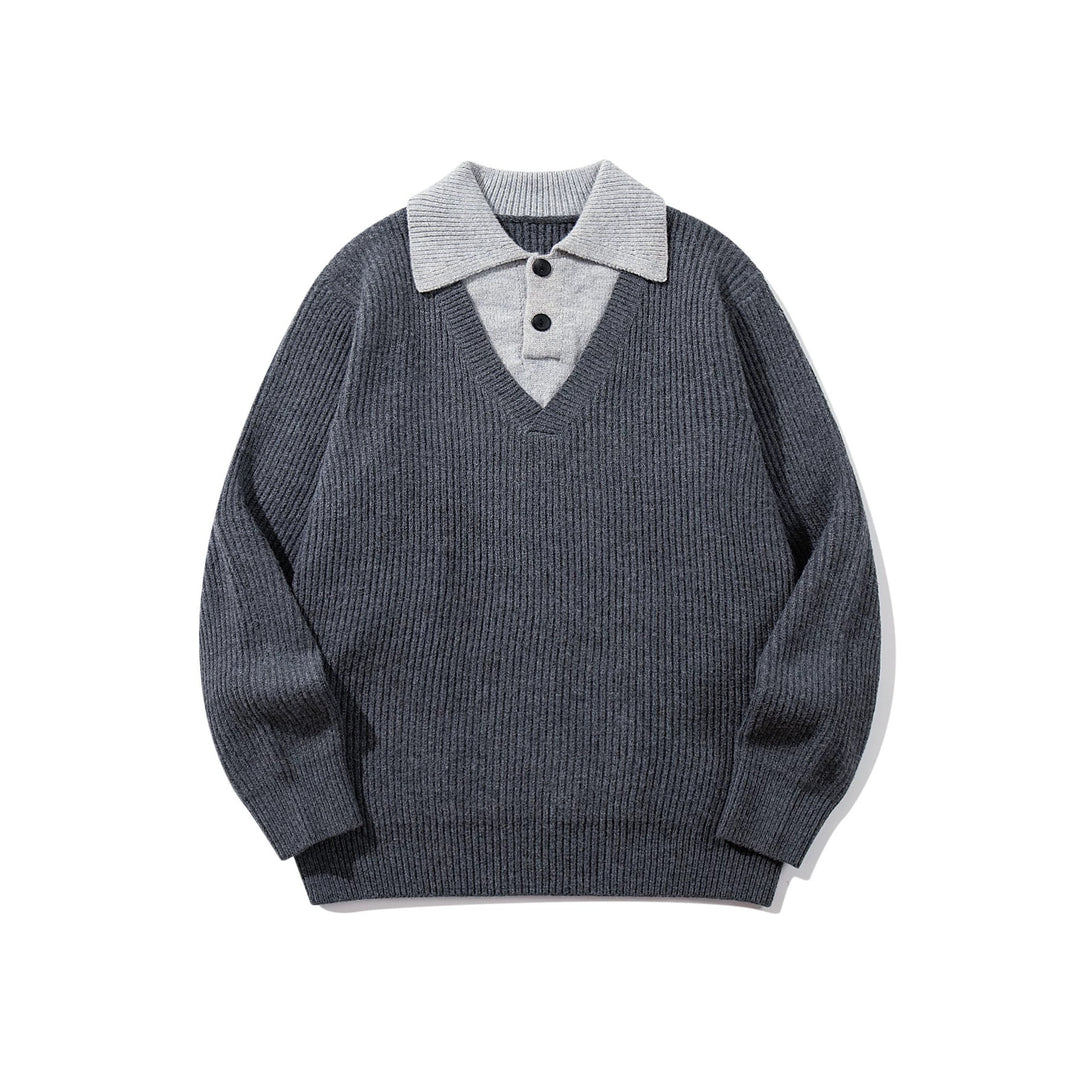 Herren Gerippter Strickpullover mit Polokragen‑Einsatz und tiefem V‑Ausschnitt Drune