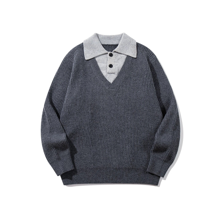 Herren Gerippter Strickpullover mit Polokragen‑Einsatz und tiefem V‑Ausschnitt Drune