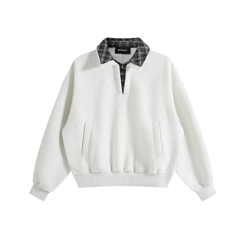 Unisex Lagenlook-Sweatshirt mit eingenähtem Karokragen und seitlichen Einschubtaschen Drune