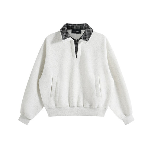 Unisex Lagenlook-Sweatshirt mit eingenähtem Karokragen und seitlichen Einschubtaschen Drune