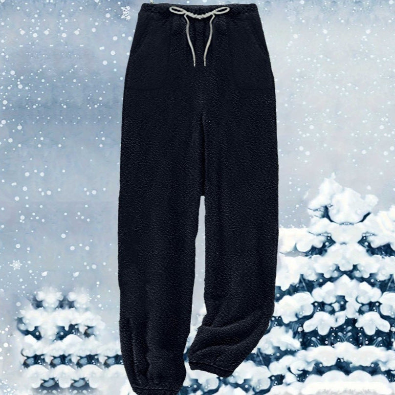 Damen nan kuschelige Sherpa-Fleece Loungehose mit Kordelzug, hoher Taille und elastischen Bündchen Drune