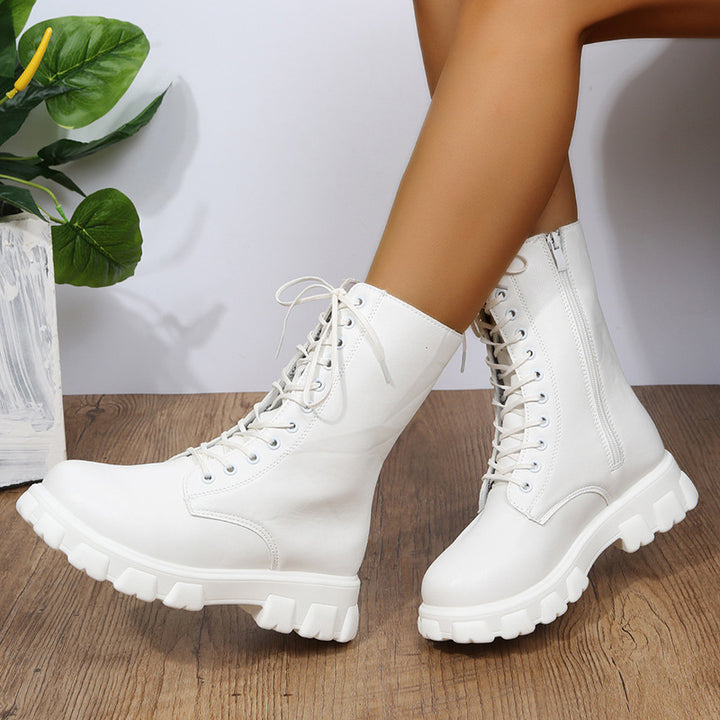 Damen Plateau-Bikerboots mit seitlichem Reißverschluss, Schnürung und markanter Profilsohle Drune