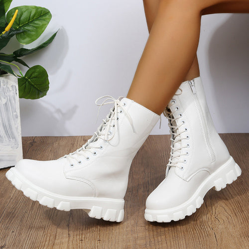Damen Plateau-Bikerboots mit seitlichem Reißverschluss, Schnürung und markanter Profilsohle Drune