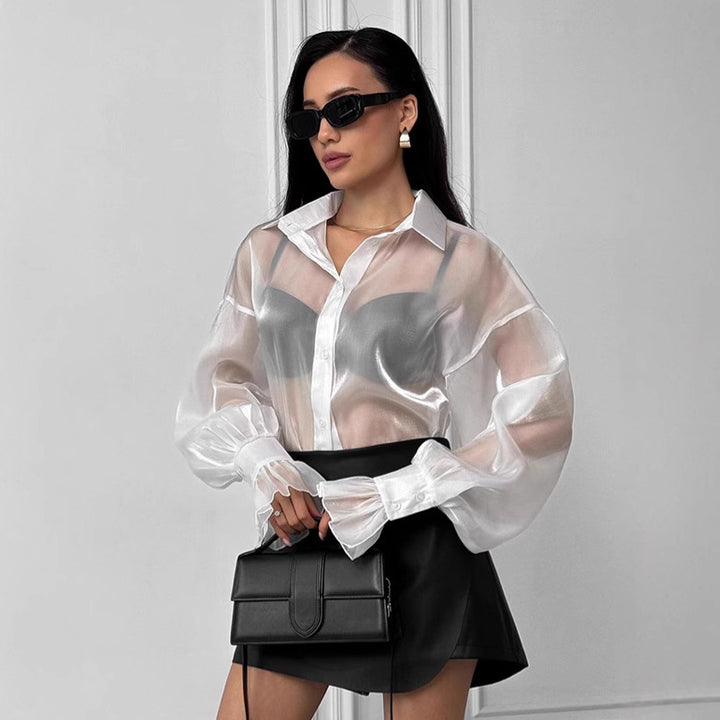 Damen Transparente Bluse mit voluminösen Ärmeln und eleganten Rüschendetails Drune