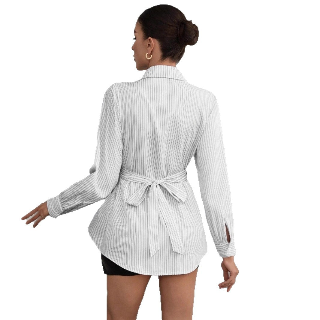 Damen Modische gestreifte Hemdbluse mit Taillenbindung Drune