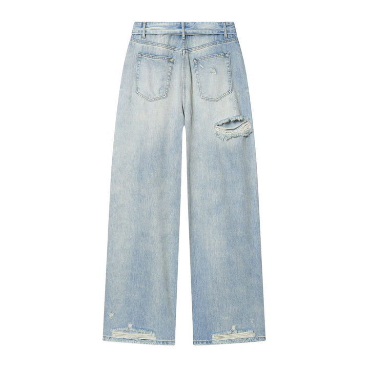 Damen nan hochgeschnittene weite Jeans mit geradem Bein, Destroyed‑Details und klassischer Five‑Pocket‑Passform Drune
