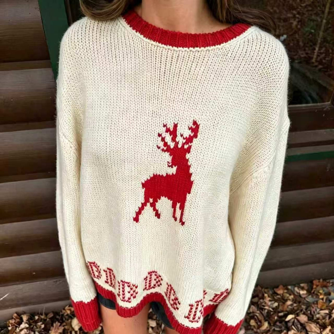 Damen Oversize Strickpullover mit Hirschintarsie, Rundhalsausschnitt und Norwegerbündchen Drune