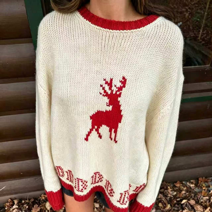 Damen Oversize Strickpullover mit Hirschintarsie, Rundhalsausschnitt und Norwegerbündchen Drune