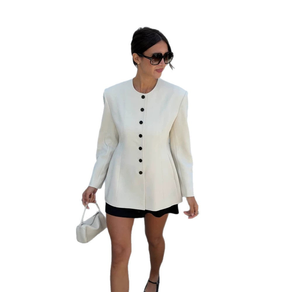 Damen Taillierter Blazer mit skulpturaler Schulter, Rundhalsausschnitt und Kontrastknopfleiste Drune