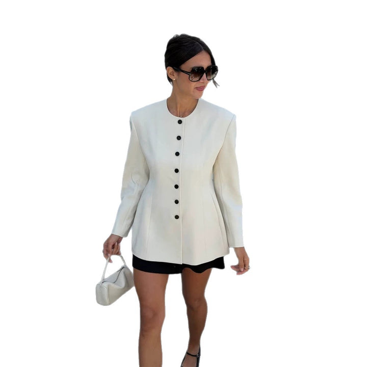 Damen Taillierter Blazer mit skulpturaler Schulter, Rundhalsausschnitt und Kontrastknopfleiste Drune