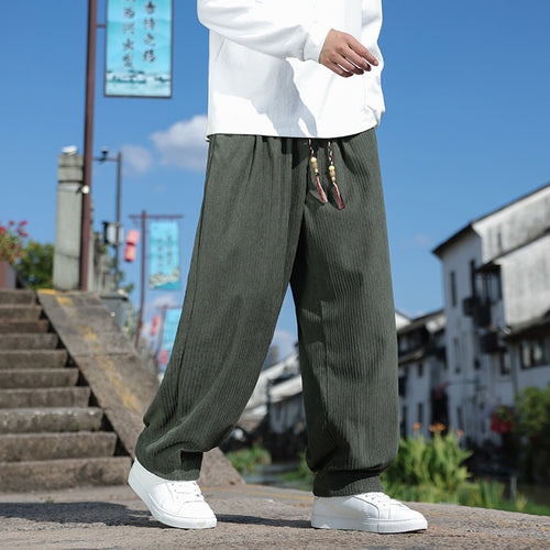 Herren Weit geschnittene Cord-Relaxhose mit elastischem Bund und Zierkordel Drune