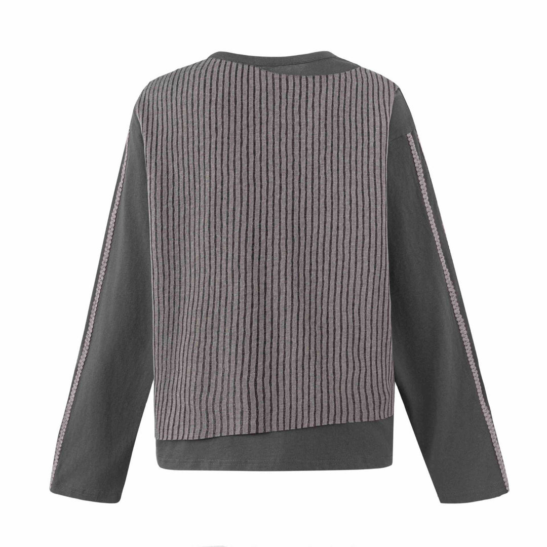 Damen Lässiges Sweatshirt mit gestreiftem Overlay, Ziernähten und Rosenprint Drune