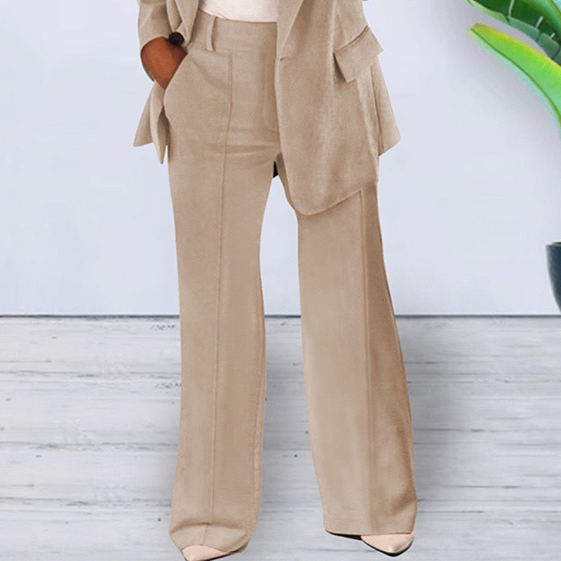 Damen nan bürotaugendes Hosenanzug Set mit weiter Hose und tailliertem Blazer Drune