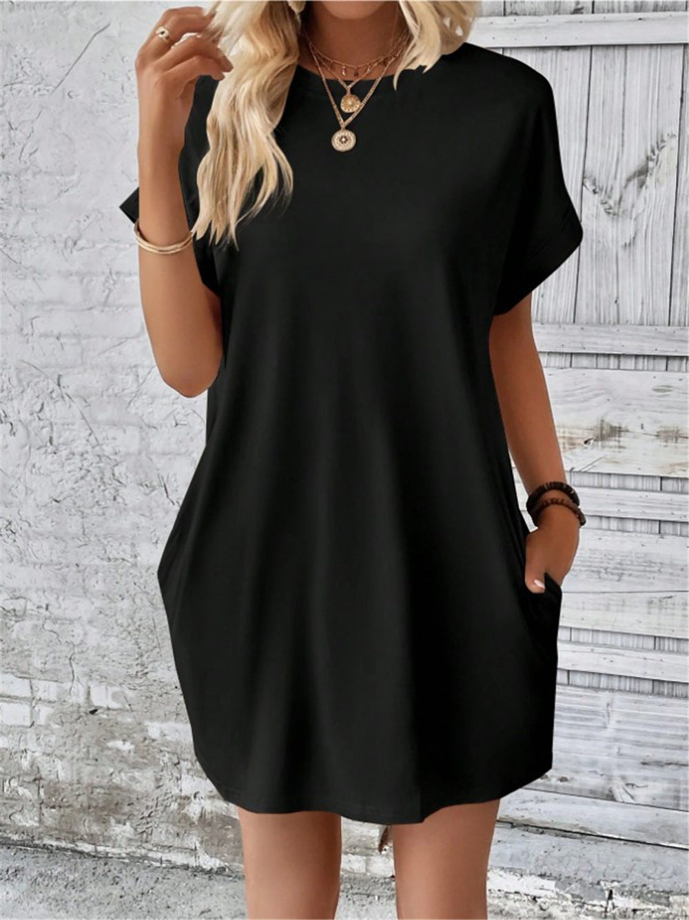 Damen lässiges T-Shirt-Kleid mit umschlagbaren Ärmeln und Taschen Drune