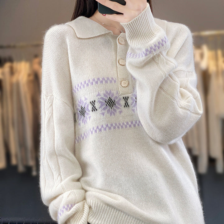 Damen Oversize-Polokragen-Strickpullover mit Norweger‑Motiv und Raglanärmeln Drune