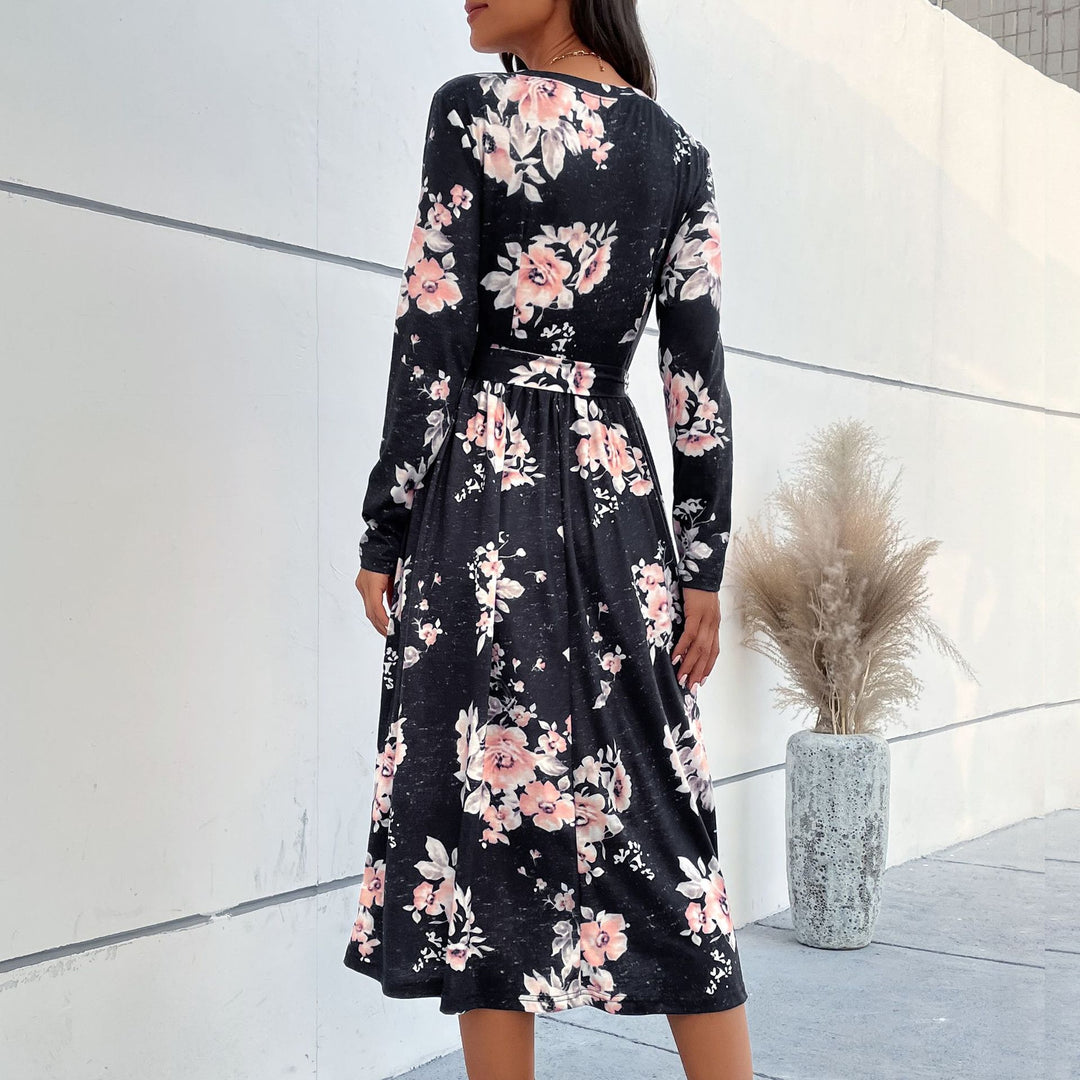 Damen Florales Wickel-Midikleid mit V-Ausschnitt, Taillengürtel und ausgestelltem Rock Drune