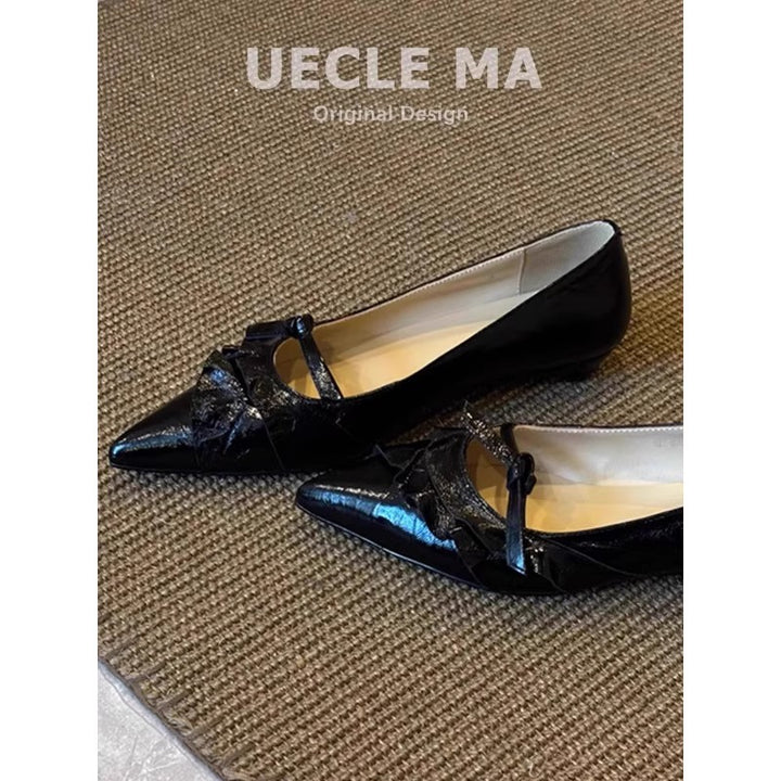 Damen Flache spitz zulaufende Lack‑Ballerinas im Mary‑Jane‑Stil mit Zierknoten und elastischem Riemen Drune