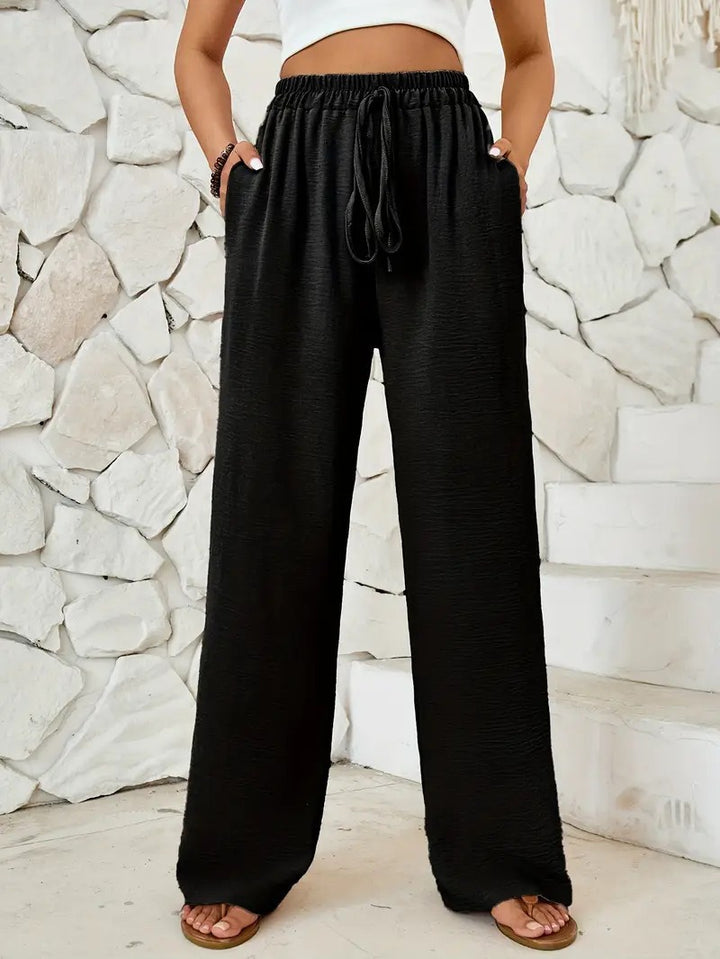 Damen Weite Leinenhose mit elastischem Taillenbund und seitlichen Eingrifftaschen Drune