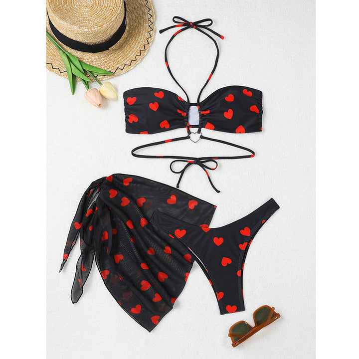 Damen Bikini-Set mit verspieltem Herzmotiv und transparentem Wickelrock Drune