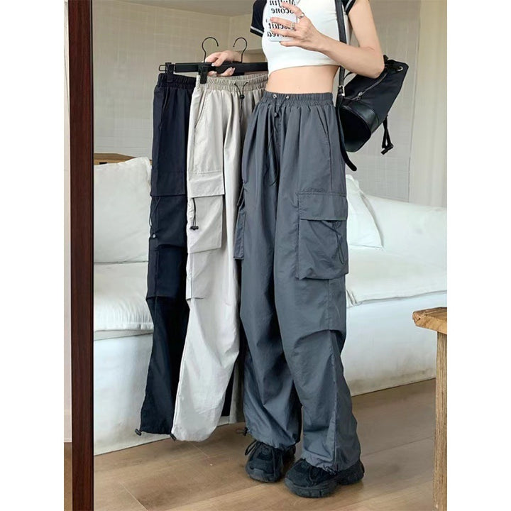 Damen nan Cargo-Hose mit hoher Taille, Elastikbund, großen Klappentaschen und Kordelzug Drune