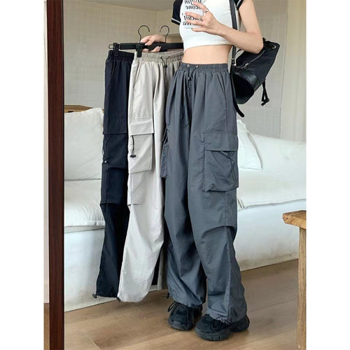 Damen nan Cargo-Hose mit hoher Taille, Elastikbund, großen Klappentaschen und Kordelzug Drune