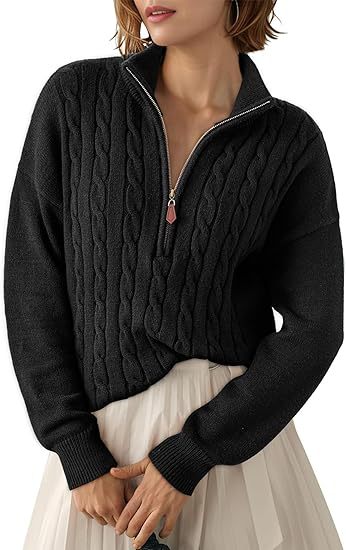 Damen Grobstrick Pullover mit Stehkragen und halbem Reißverschluss Drune