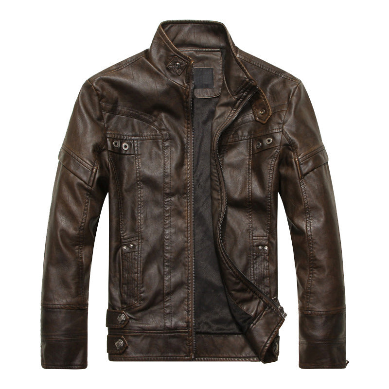 Herren Lederjacke im Bikerstil mit Stehkragen und Ziernähten Drune
