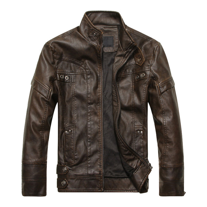 Herren Lederjacke im Bikerstil mit Stehkragen und Ziernähten Drune