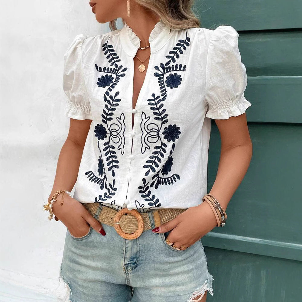 Damen Bluse mit Stickerei und Puffärmeln Drune