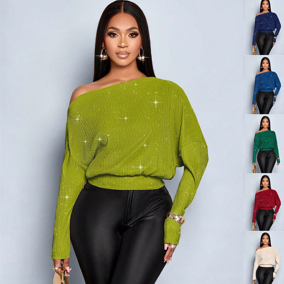 Damen Off-Shoulder Rippstrick-Pullover mit Glitzereffekt und Batwing-Ärmeln Drune