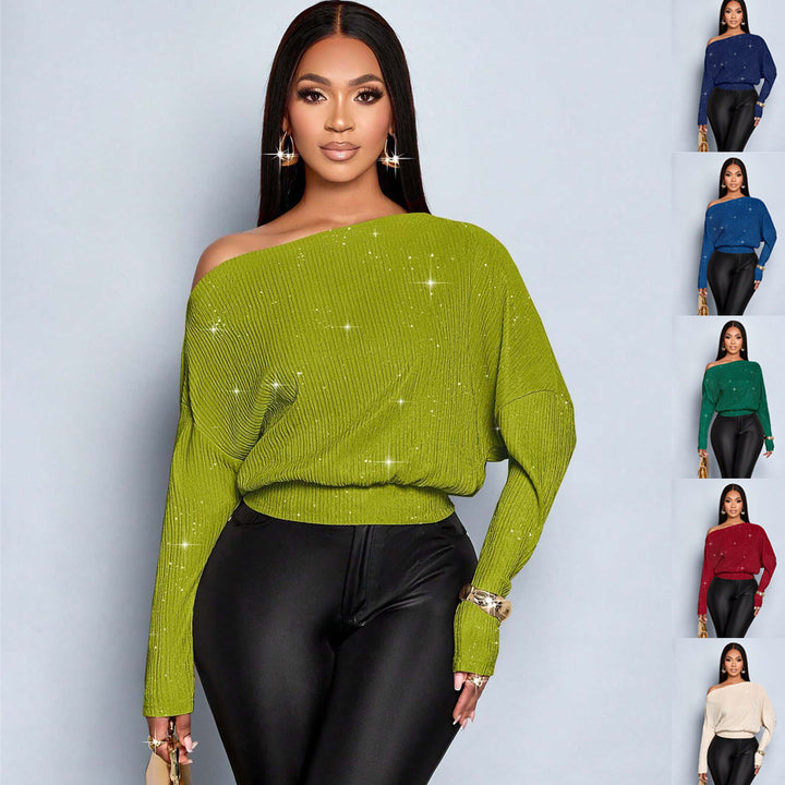 Damen Off-Shoulder Rippstrick-Pullover mit Glitzereffekt und Batwing-Ärmeln Drune