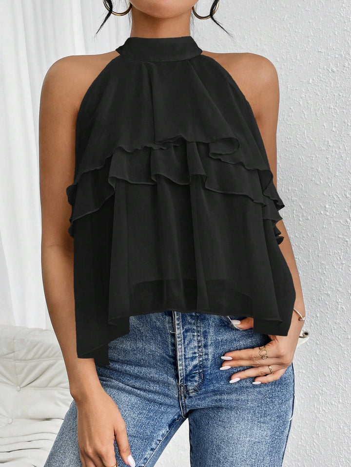 Damen Luftiges Chiffon-Top mit Stehkragen und mehrlagigen Volants Drune