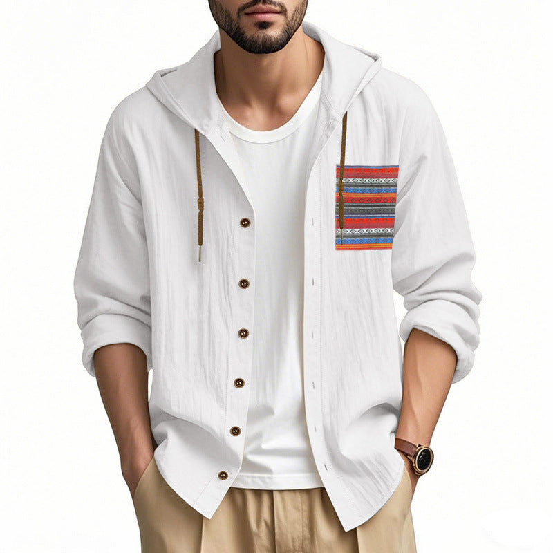 Herren nan leichte Kapuzenhemdjacke aus strukturierter Baumwollmischung mit Ethno‑Brusttasche und Knopfleiste Drune