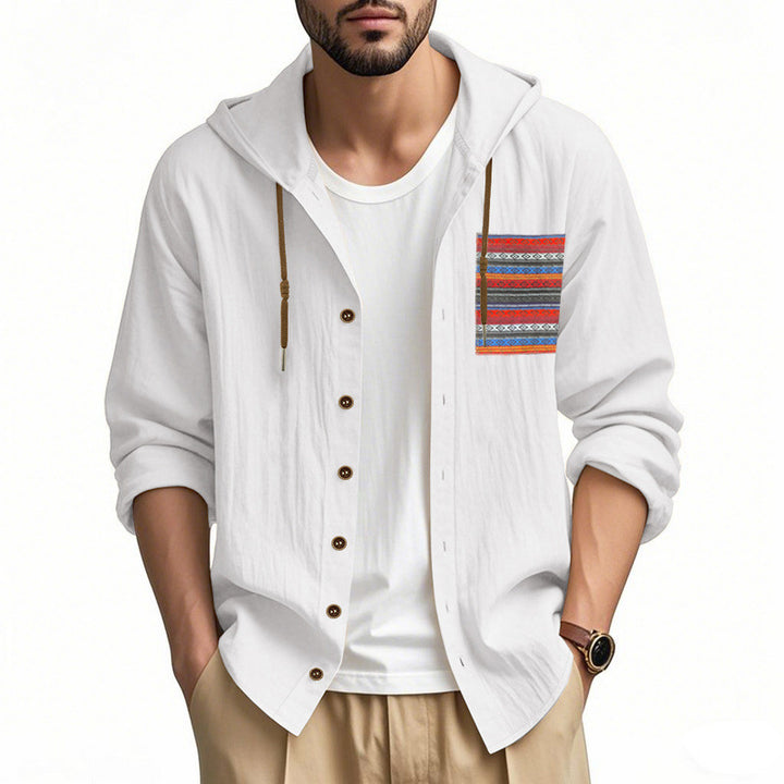 Herren nan leichte Kapuzenhemdjacke aus strukturierter Baumwollmischung mit Ethno‑Brusttasche und Knopfleiste Drune