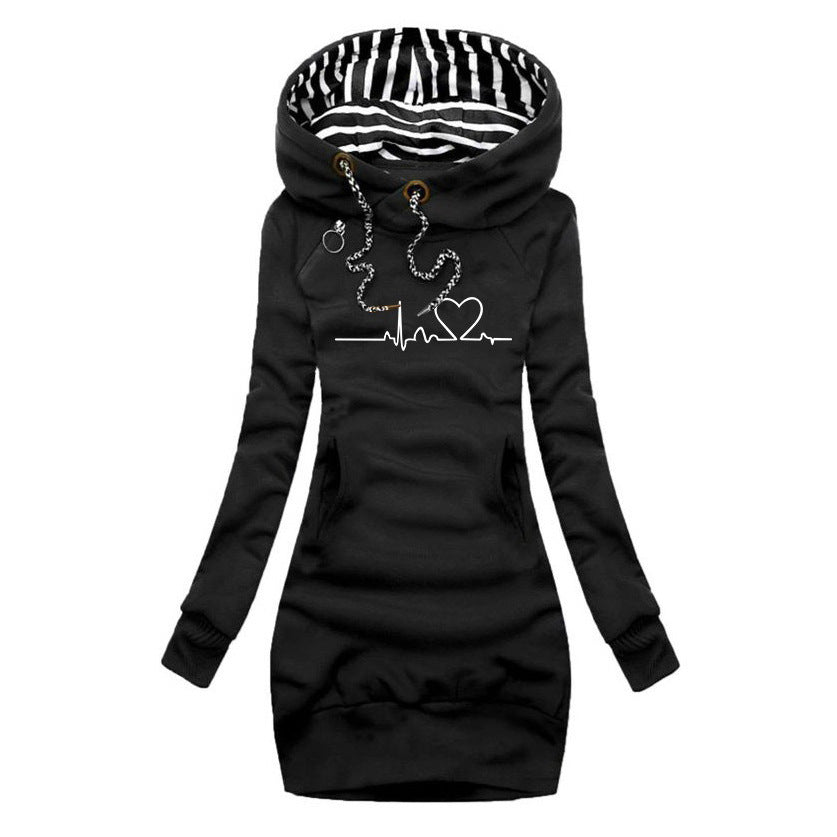 Damen Kapuzen-Sweatkleid mit gestreiftem Kapuzenfutter, Kängurutasche und Herz-EKG-Druck Drune