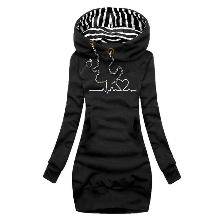 Damen Kapuzen-Sweatkleid mit gestreiftem Kapuzenfutter, Kängurutasche und Herz-EKG-Druck Drune