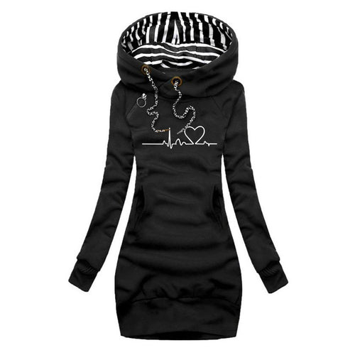 Damen Kapuzen-Sweatkleid mit gestreiftem Kapuzenfutter, Kängurutasche und Herz-EKG-Druck Drune