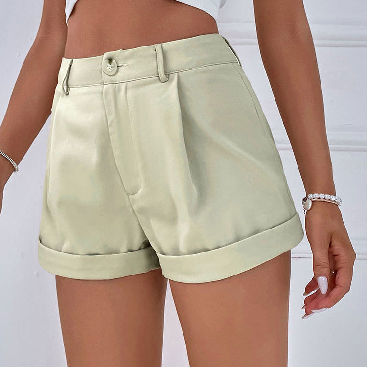 Damen elegante Kurzshorts mit hohem Bund und umgeschlagenem Saum Drune