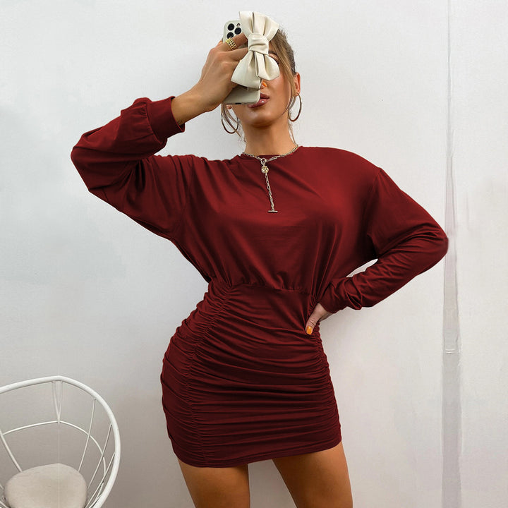 Damen gesmoktes Mini-Kleid mit überschnittener Langarm-Sweatoberteil und taillierter Raffung Drune
