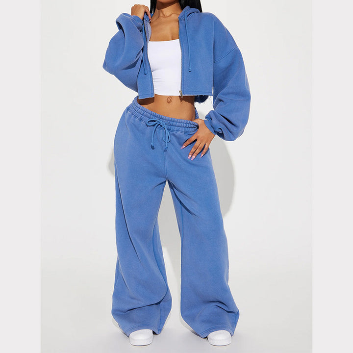 Damen Lässiges Fleece-Kapuzenoberteil mit weitem Schnitt und entspannter Hose Set Drune