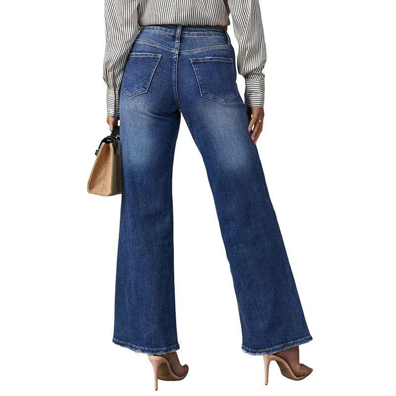 Damen High-Waist Denim-Schlaghose mit weitem Bein und leichter Vintage-Waschung Drune