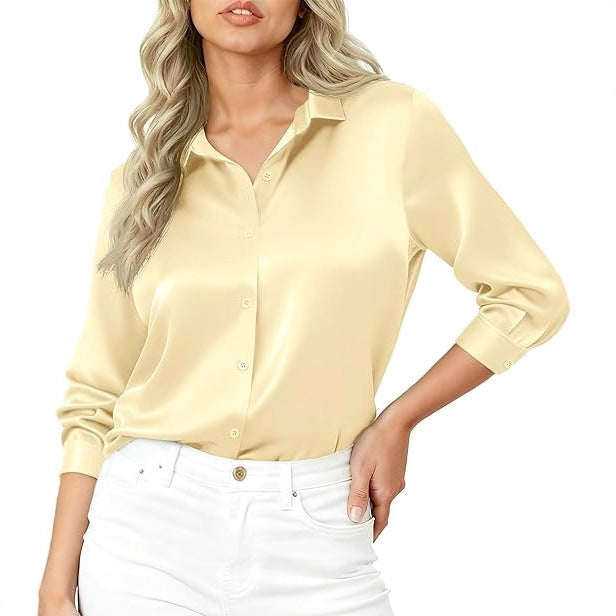 Damen Seidiges Satin-Blusenshirt mit Hemdkragen und dreiviertel Ärmeln Drune