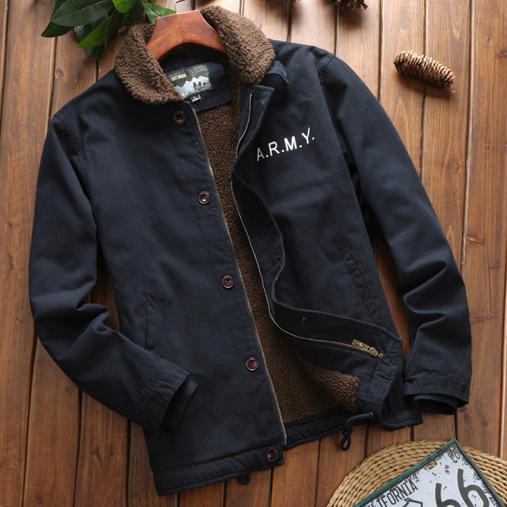 Herren Gefütterter Canvas‑Blouson mit Teddyfleece‑Innenfutter, Hemdkragen und Military‑Print Drune