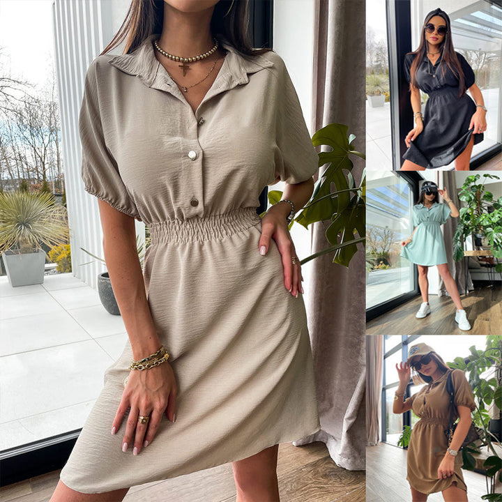 Damen lässiges Kurzarmkleid mit elastischem Gummizug in der Taille und elegantem Kragen Drune