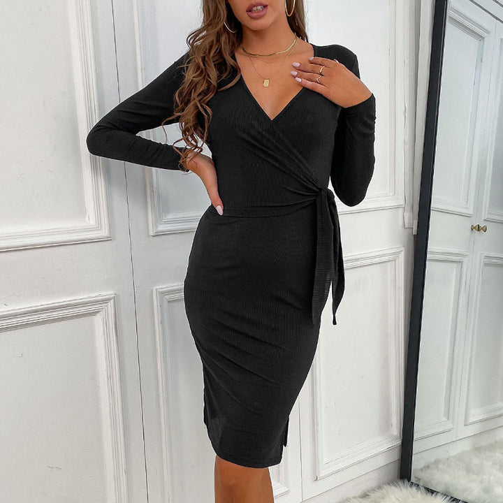 Damen Figurbetontes Wickelkleid aus Feinstrick mit Knoten-Taillenband und seitlichem Beinschlitz Drune