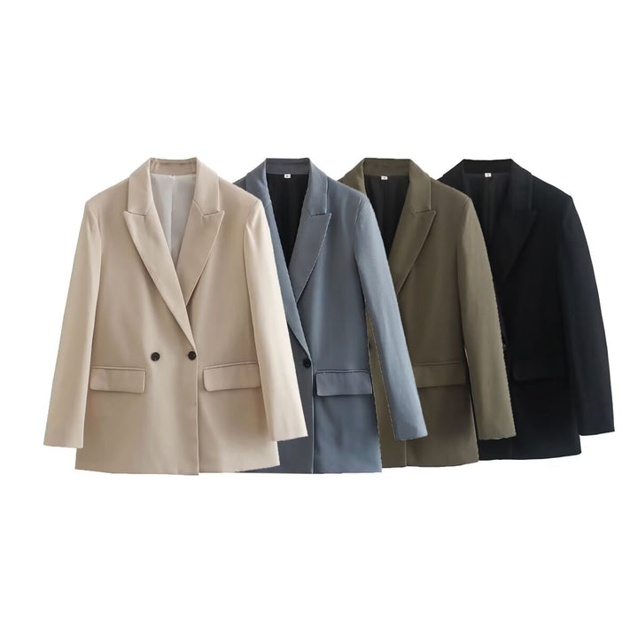 Damen nan figurbetonter zweireihiger Longblazer mit spitzem Revers leicht verlängertem Saum und Pattentaschen Drune
